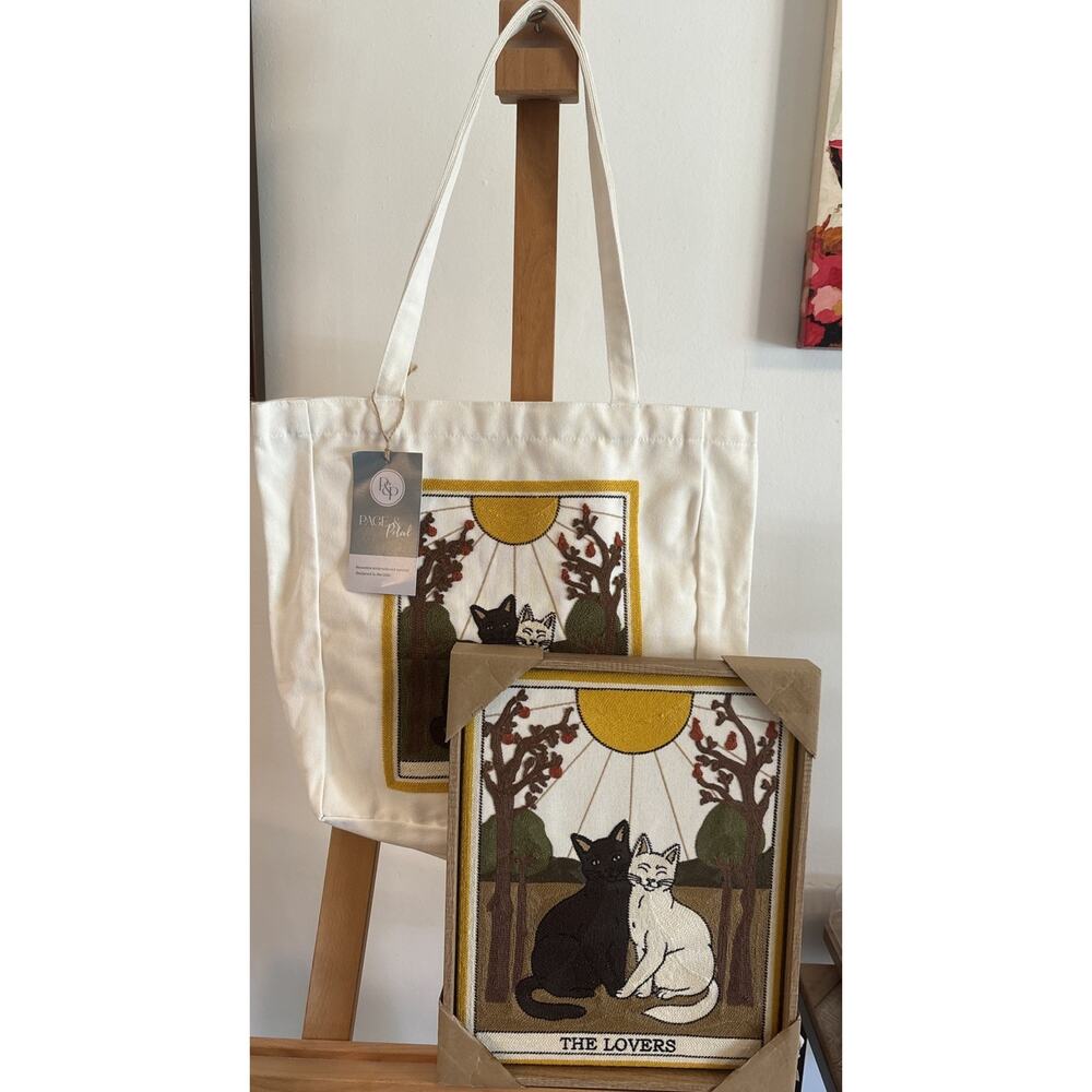 New Set BP Home Cat Tarot The Lovers Woven Tapestry Wall Art 14.75x12 W/tote